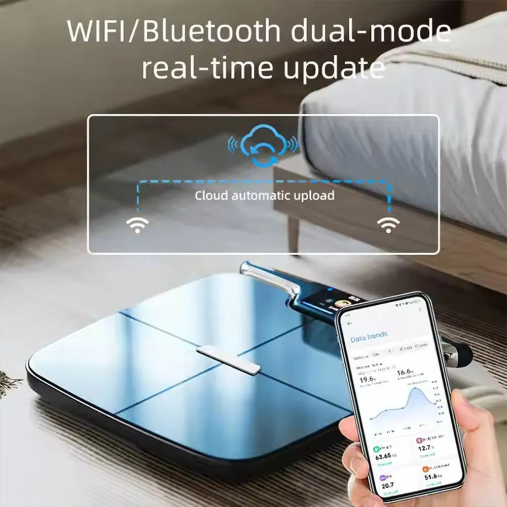Black eight-electrode intelligent body fat weighing scale on a flat surface.