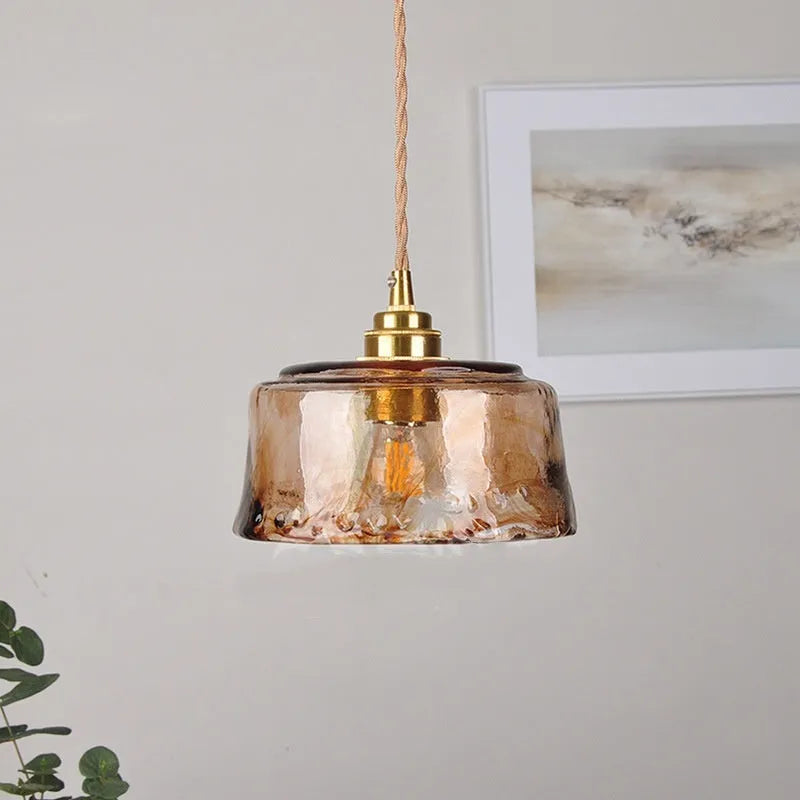 Nordic retro style brass and glass B-shaped chandelier pendant light for ceiling installation.