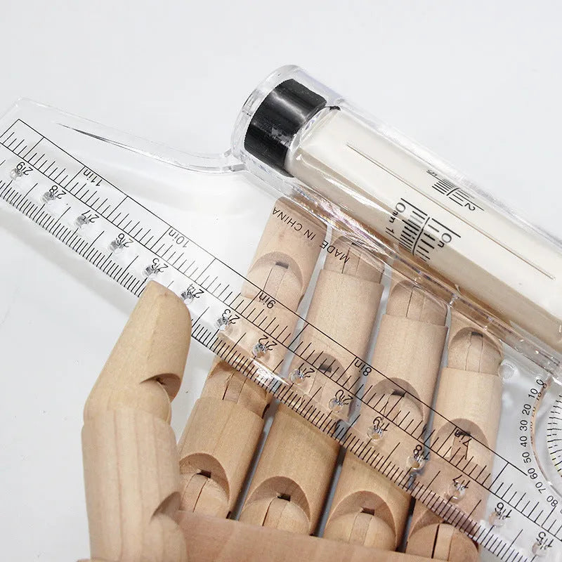 30cm plastic rolling ruler with calibrated rollers, angle and arc rapporteur, magnifying glass, and vertical line holes.