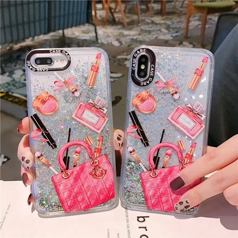Pink compatible iPhone liquid quicksand cosmetic makeup case with TPU and silicone