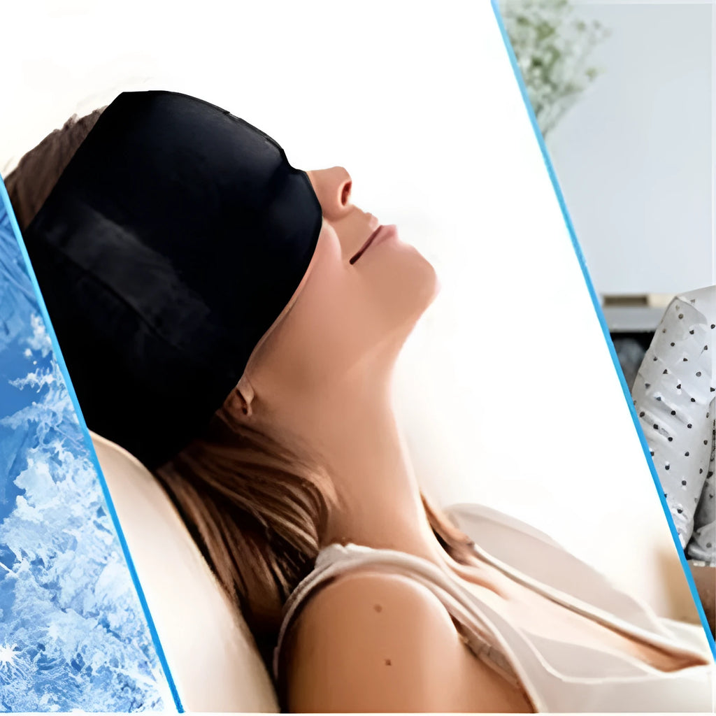 Black elastic gel eye mask with adjustable strap for headache relief