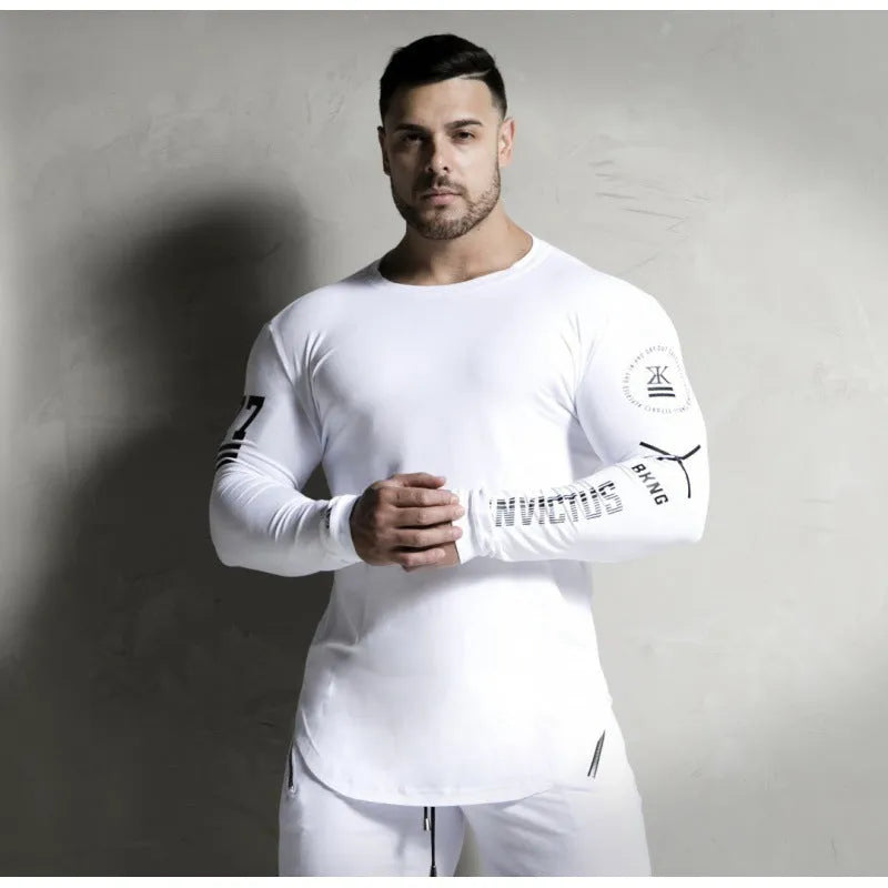 Men's round neck long sleeve fitness top in milk silk fabric with letter print, black colour, slim fit