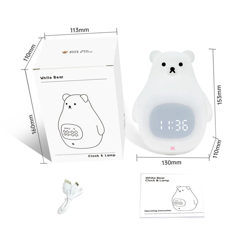 A white silicone night light shaped like a bear with a sleep timer and remote control.