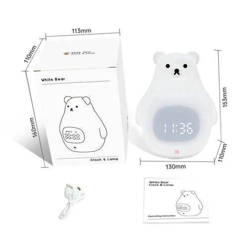 A white silicone night light shaped like a bear with a sleep timer and remote control.