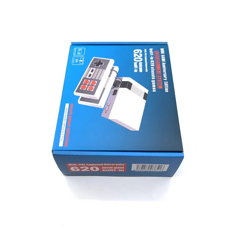 NES mini retro game console with two controllers showing compact 18.3cm design and AV connection cable