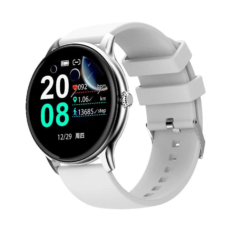 Black smart Bluetooth sports watch body with 1.28 inch screen and silicone wristband showing health monitoring interface