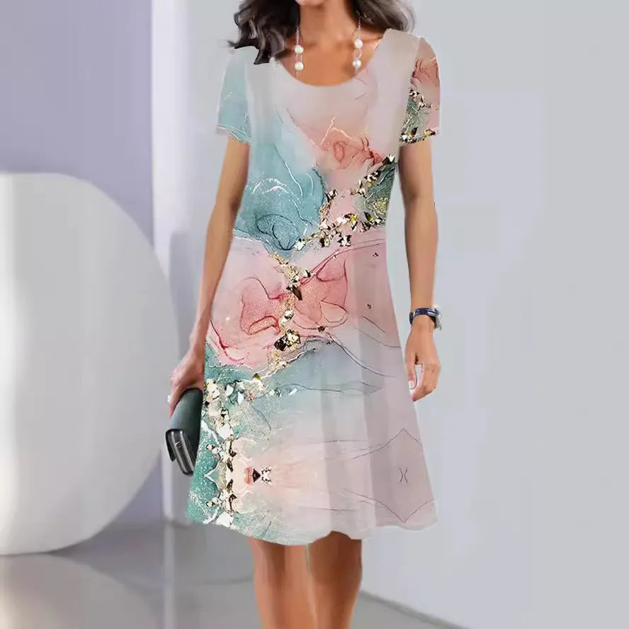 Women's light blue floral print A-line summer dress with short sleeves on a hanger.
