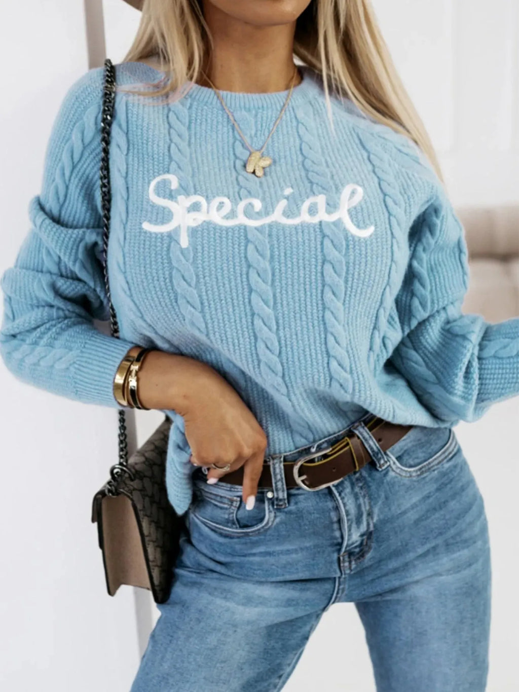 Blue crew neck pullover sweater with embroidered letters and numbers street fashion design