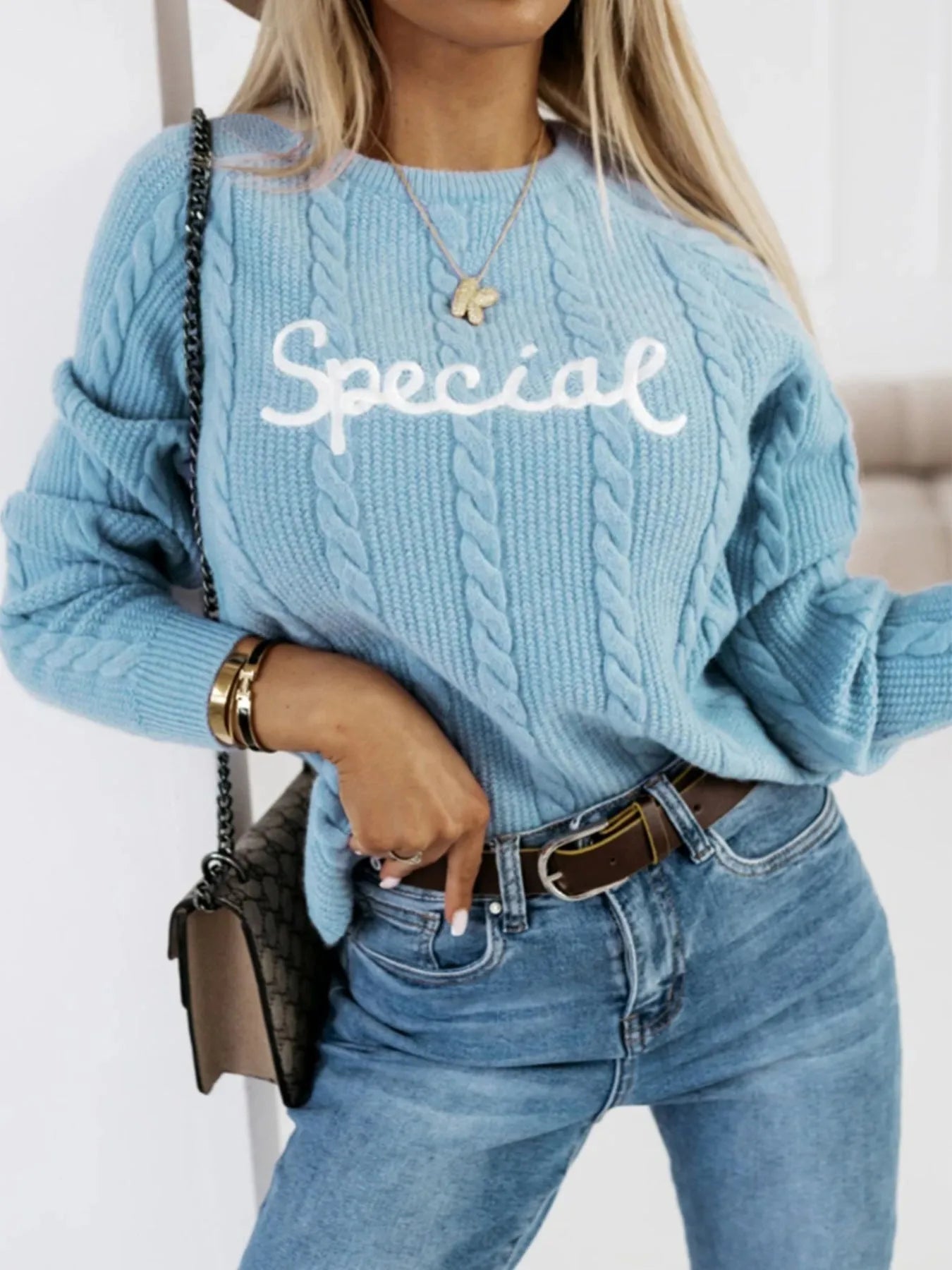 Blue crew neck pullover sweater with embroidered letters and numbers street fashion design