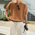 Retro knitted polo shirt for men in caramel colour with asymmetric design detail and short sleeves
