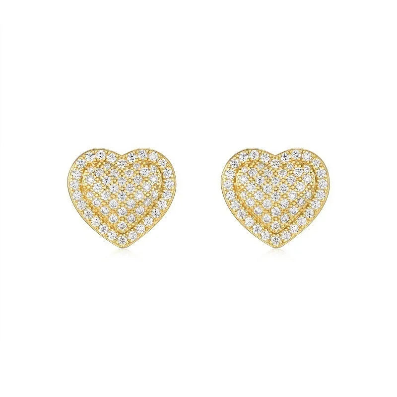 S925 sterling silver heart-shaped stud earrings with golden finish and minimalist design