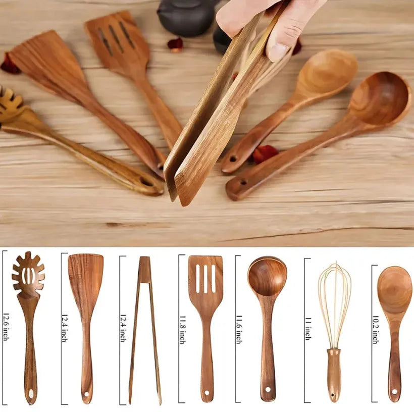 7-piece wooden cooking utensil set including spoon and spatula for non-stick pans