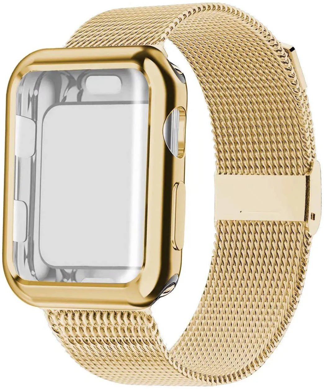Magnetic metal Milan wristband for Apple Watch on wrist, showing clasp and mesh detail.