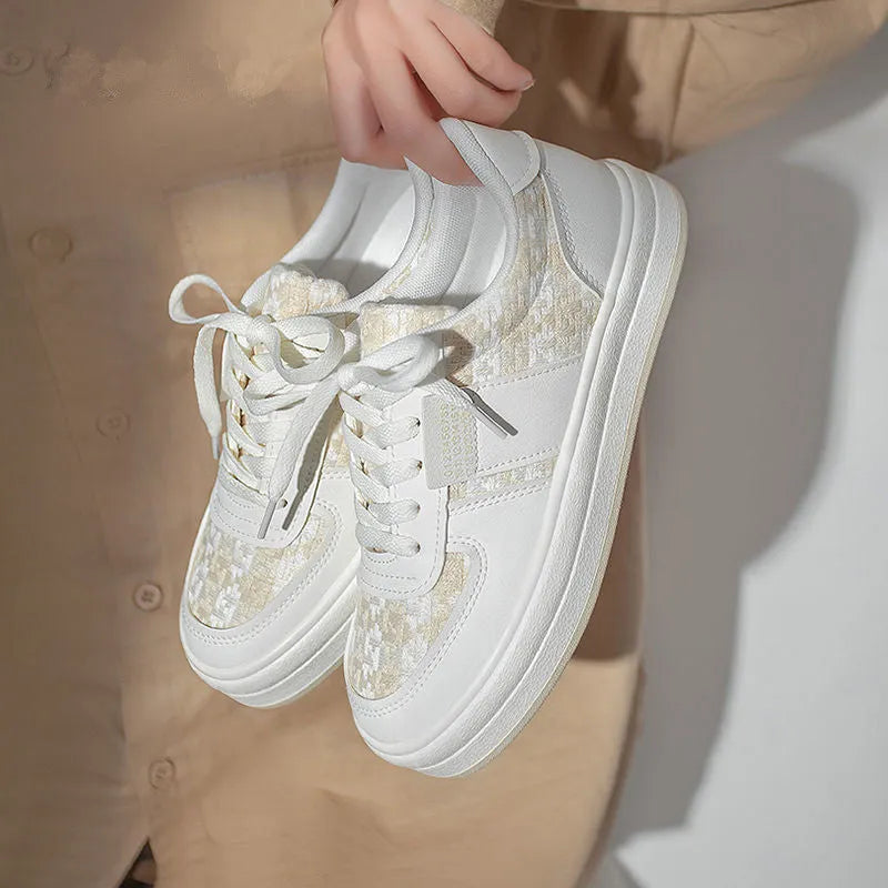 Beige plaid platform leisure sports board shoes with round toe and rubber sole