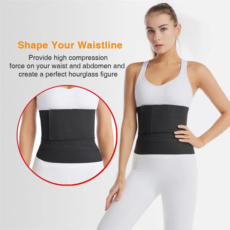 Polyester waist training restraint belt in black with adjustable length for yoga and body sculpting exercises