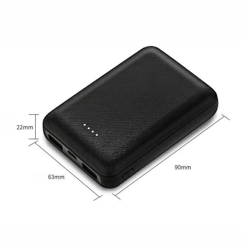 Black ultra-thin power bank showing dimensions 90x63x22mm with multiple USB ports
