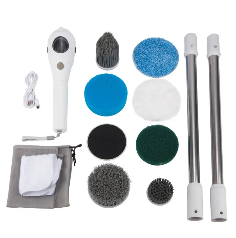 White handheld cleaning brush with lithium battery and multiple cleaning accessories