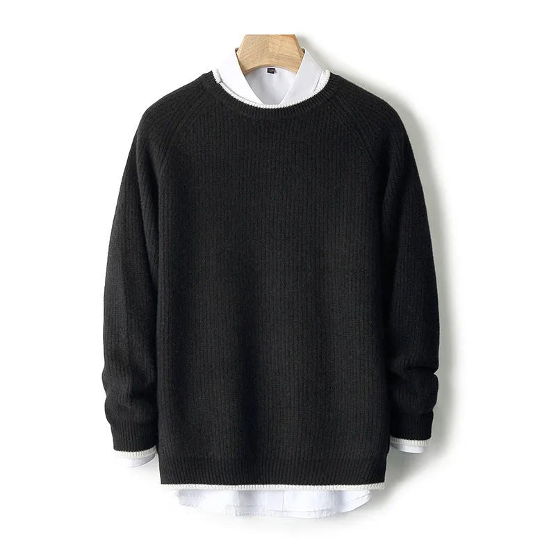 Men's round neck double-strand thickened wool sweater in rough yarn, black colour