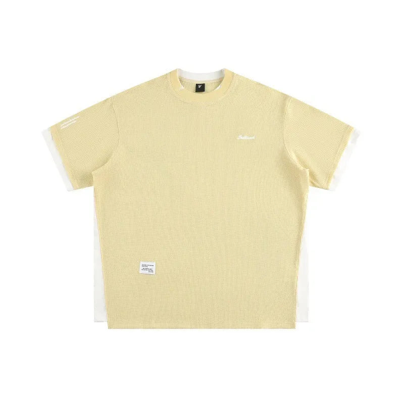 Retro alphabet embroidered loose waffle short-sleeved T-shirt in polyester fibre