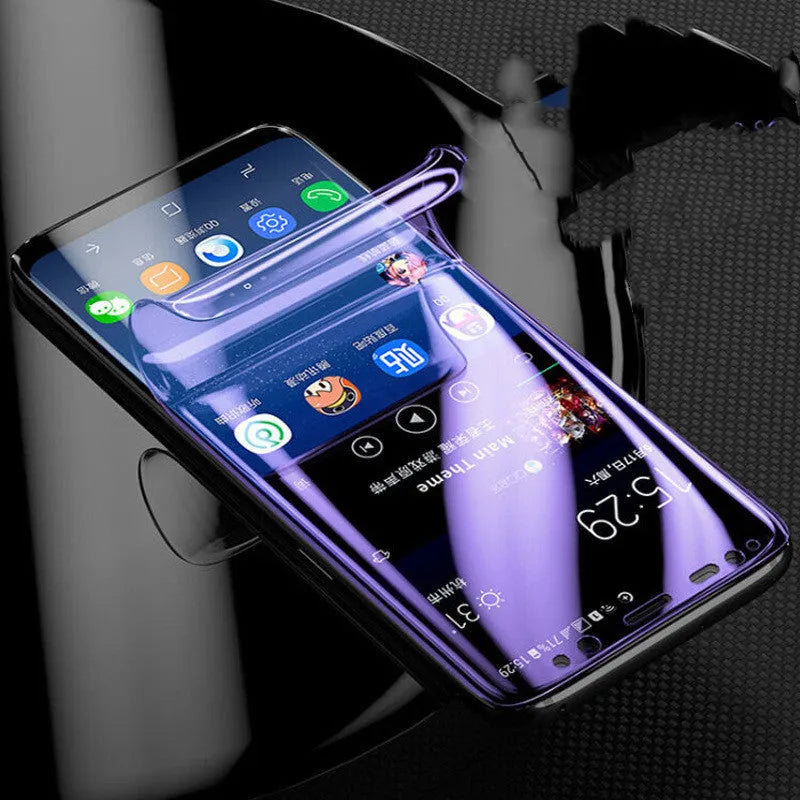 Purple light coloured hydrogel screen protector for curved-edge Samsung Galaxy phones on a table.