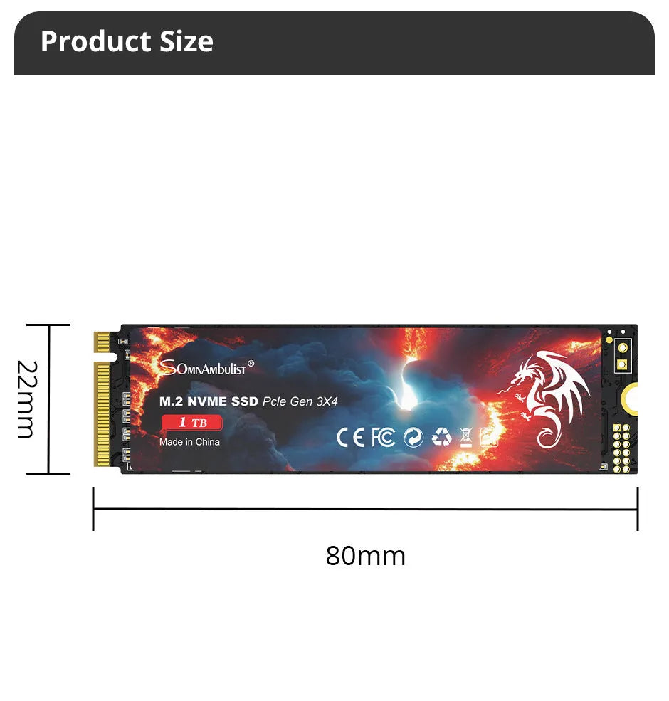 M.2 NVMe solid state drive for desktop computers with 80mm by 22mm dimensions