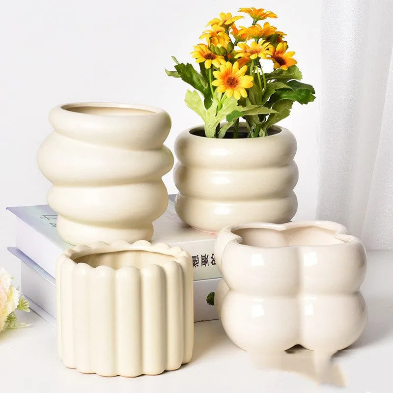 Roman column matte yellow ceramic flowerpot for home plant decoration.