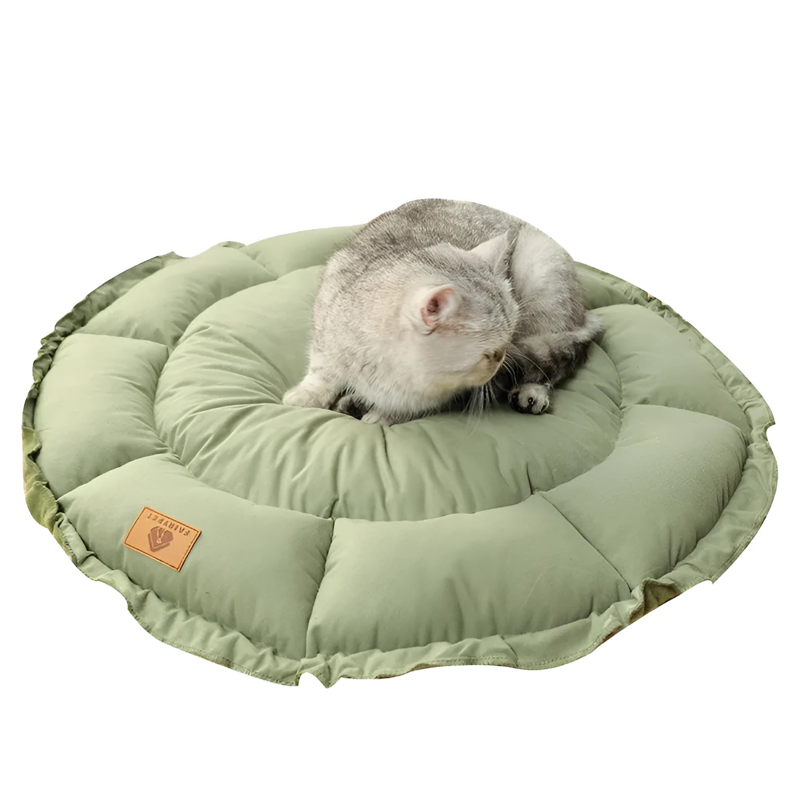 Grey reversible donut-shaped cat bed for indoor pets on a wooden floor.