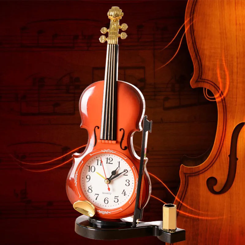 Brown violin pen inserted alarm clock with LED and pointer display on desk