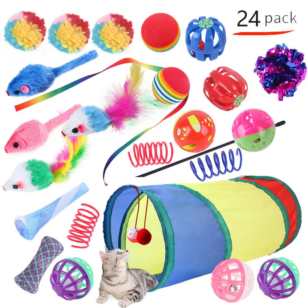 Plastic cat tunnel toy showing tubular channel design for feline play, with random colour accessories.