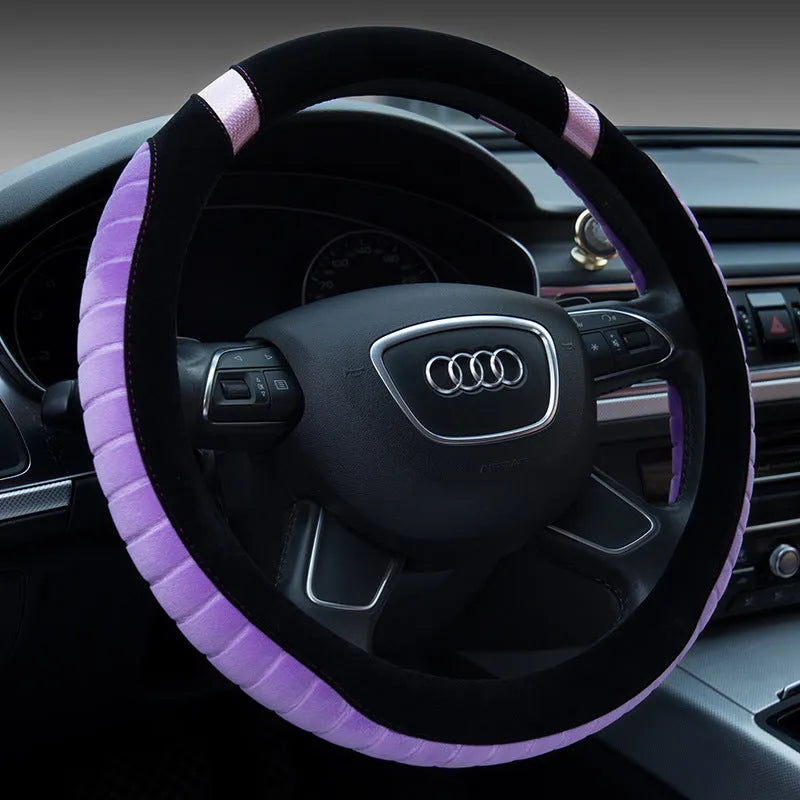 Short plush steering wheel cover in beige with rubber inner ring for 38cm wheels