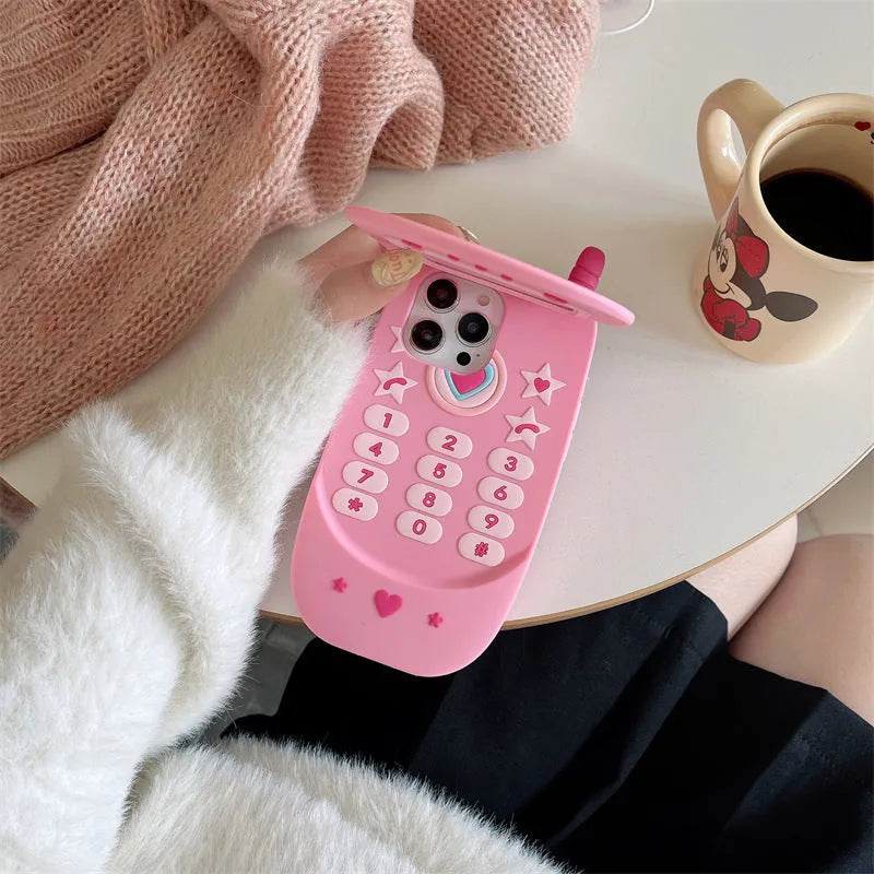Light pink silicone flip phone shape mirror case for iPhone with cute cartoon design