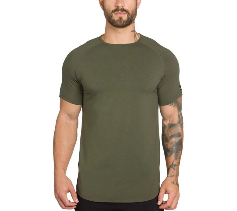Plain men's gym t-shirt on a hanger, shown in army green, black, and white colour options.