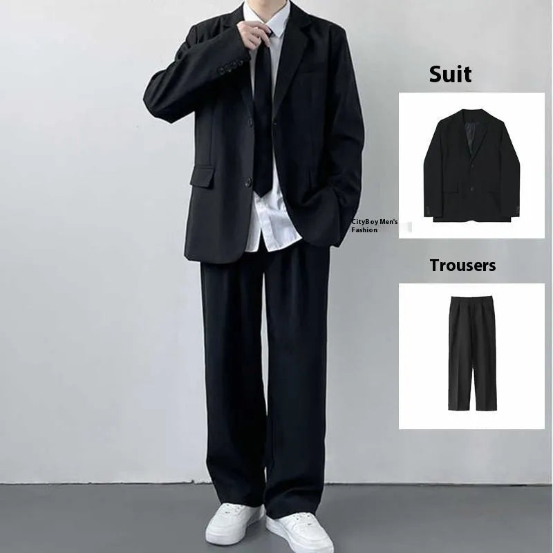 Plus size men's college style suit set with jacket, trousers, white shirt and tie on hanger