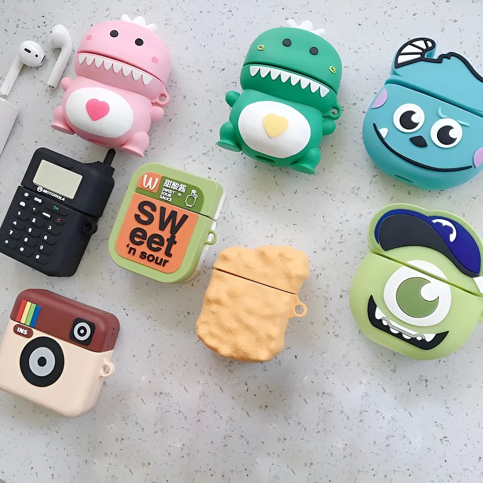 Green silicone protective case for AirPods 1 and 2 with a cartoon animal design on the front.