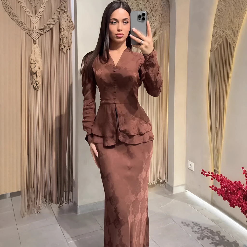 Dark brown artistic retro long dress with plant pattern, long sleeves, and a fake two piece design.