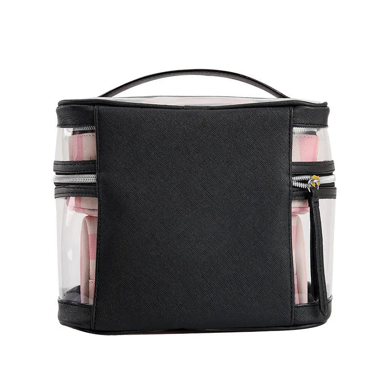 Pink floral striped waterproof synthetic leather makeup buggy bag with folding design.