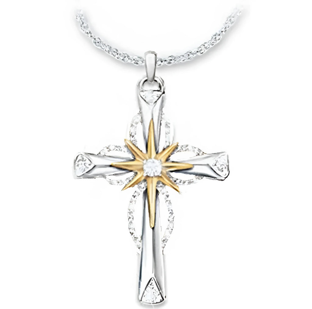 Octagonal star cross alloy pendant in silver tone on ring chain necklace, 22x15mm size