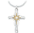 Octagonal star cross alloy pendant in silver tone on ring chain necklace, 22x15mm size