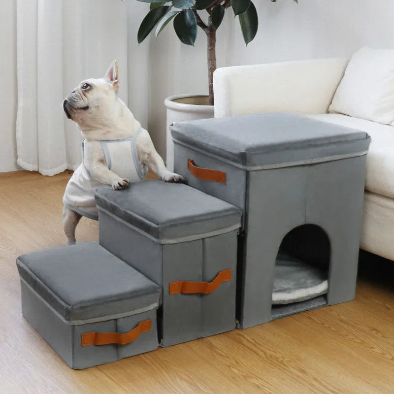 Grey foldable cloth pet storage stairs with dog climbing up 2-step Velcro design