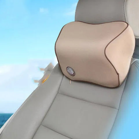 Memory foam car headrest and lumbar support set with polyester cover, shown in beige, black, grey, and red options.