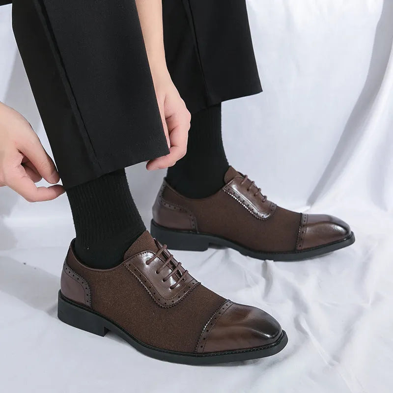 Men's thick-soled raised round toe lace-up business leather shoes in black with PU upper and rubber sole