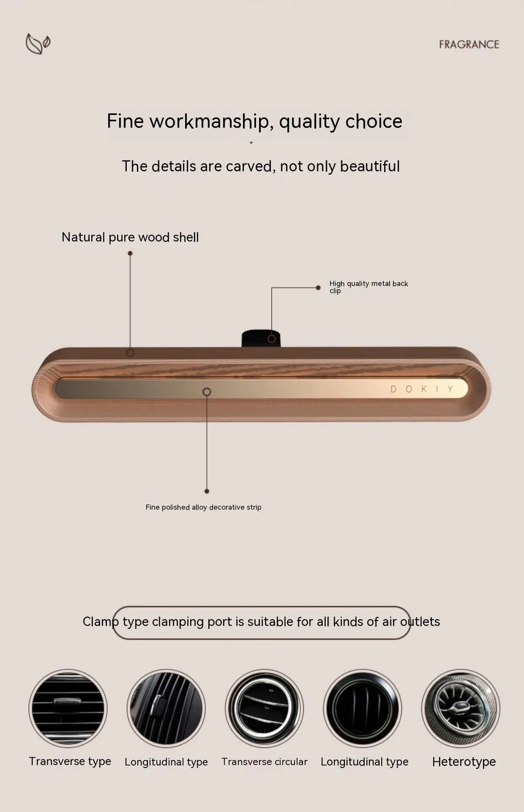 Car air vent aromatherapy ornament in long strip design, walnut and metallic grey colour options