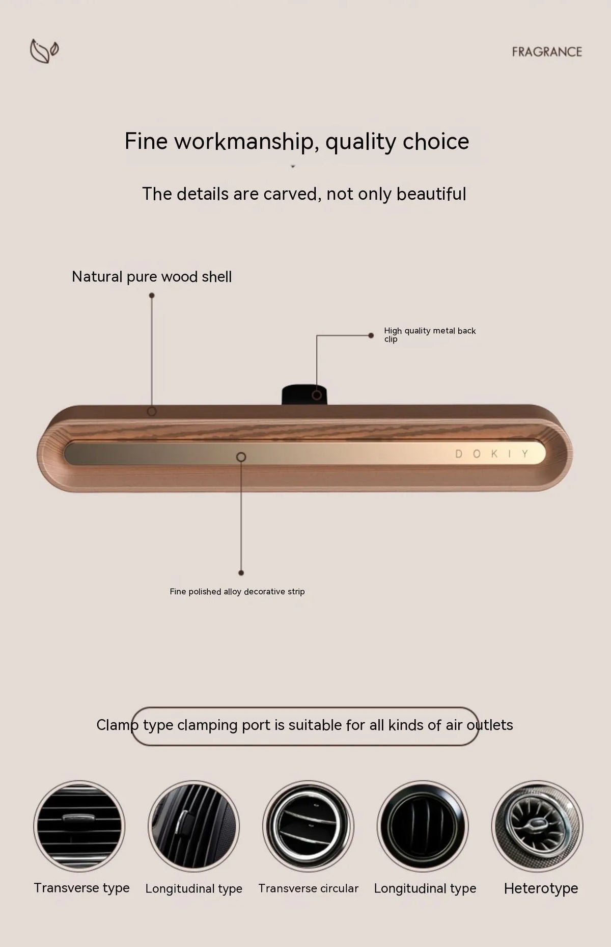 Car air vent aromatherapy ornament in long strip design, walnut and metallic grey colour options