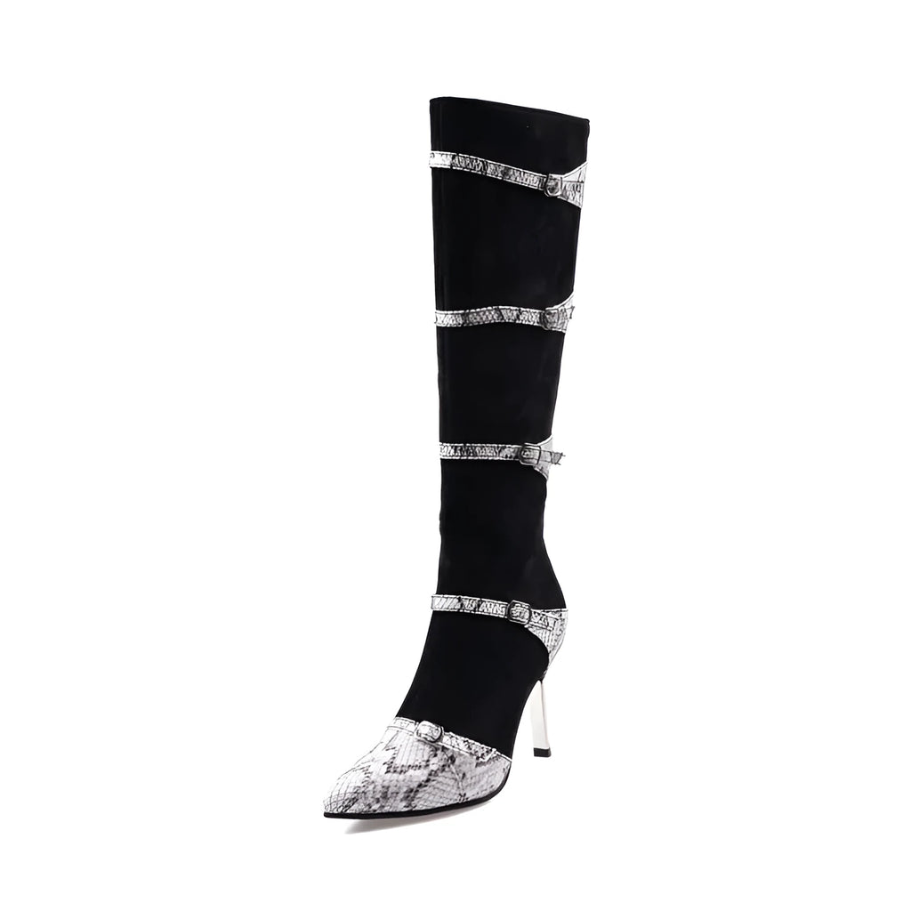 Women's knee-high boots with thin high heels in black or grey colour options