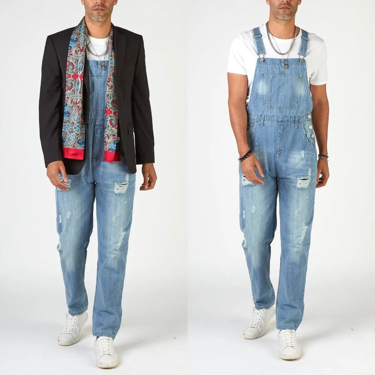 Men's light blue ripped suspender jeans with high waist and straight leg design
