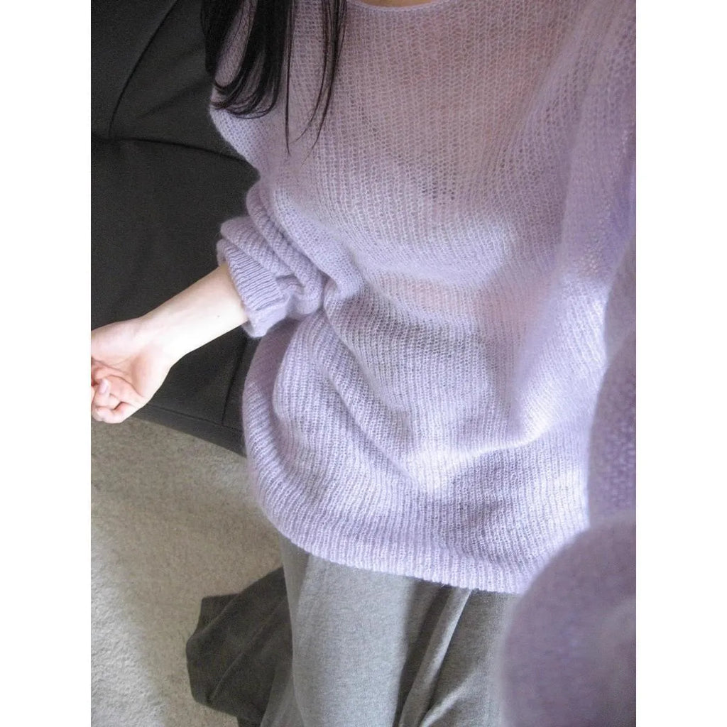 Purple women's ice silk sweater with hollow out design and princess sleeves