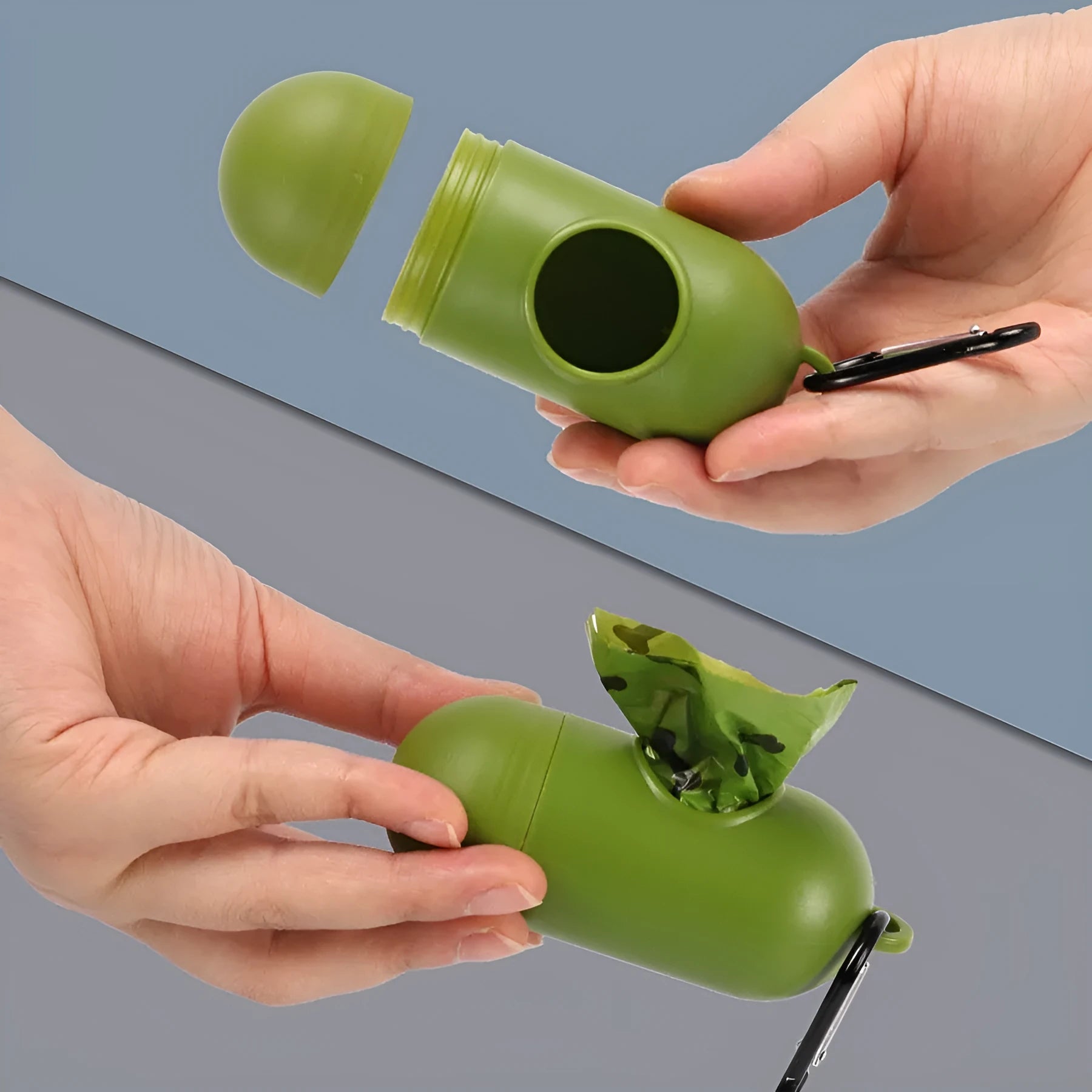Military green degradable dog poop bags with black bone print measuring 23cm by 33cm