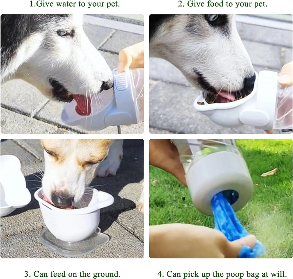Green 3-in-1 portable pet water bottle with integrated food container and waste bag dispenser on a strap.