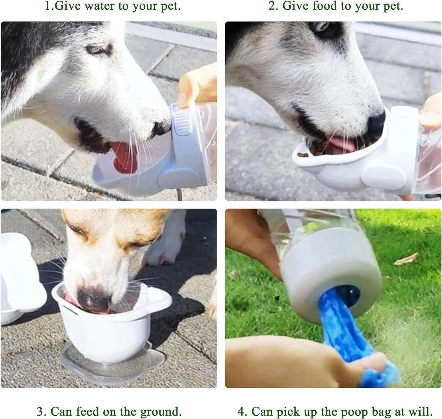 Green 3-in-1 portable pet water bottle with integrated food container and waste bag dispenser on a strap.