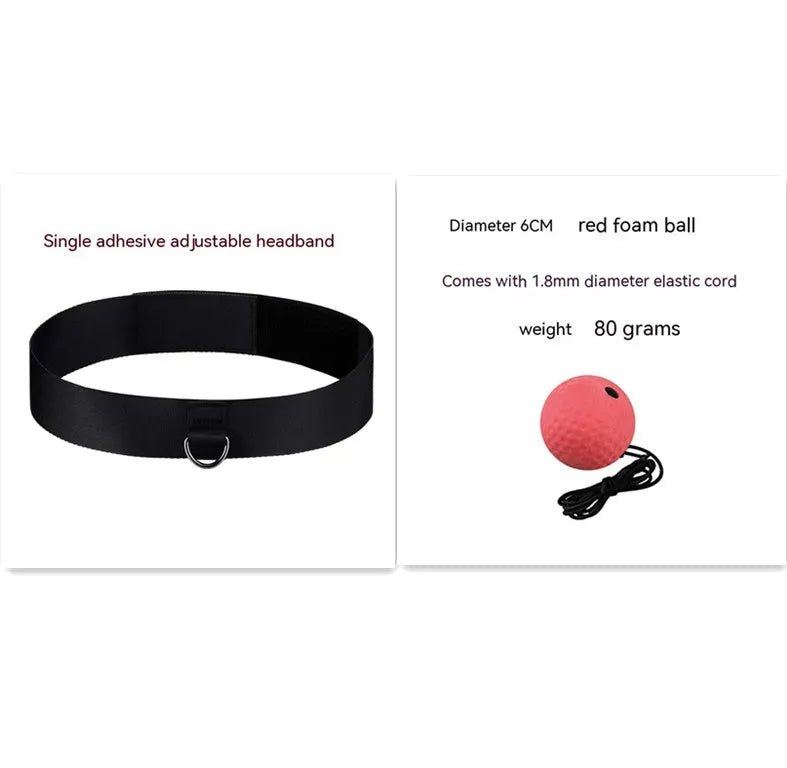 Head-mounted boxing reaction training ball with adjustable headband and choice of red, green, or yellow soft balls.